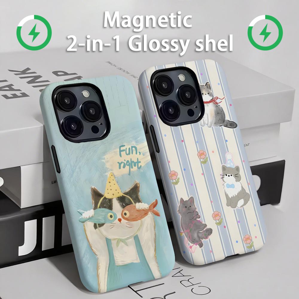 Phone Cases Xs - แมวและสุนัขน่ารักเคสโทรศัพท์แม่เหล็ก 2-in-1 Glossy SHELL สําหรับ iPhone