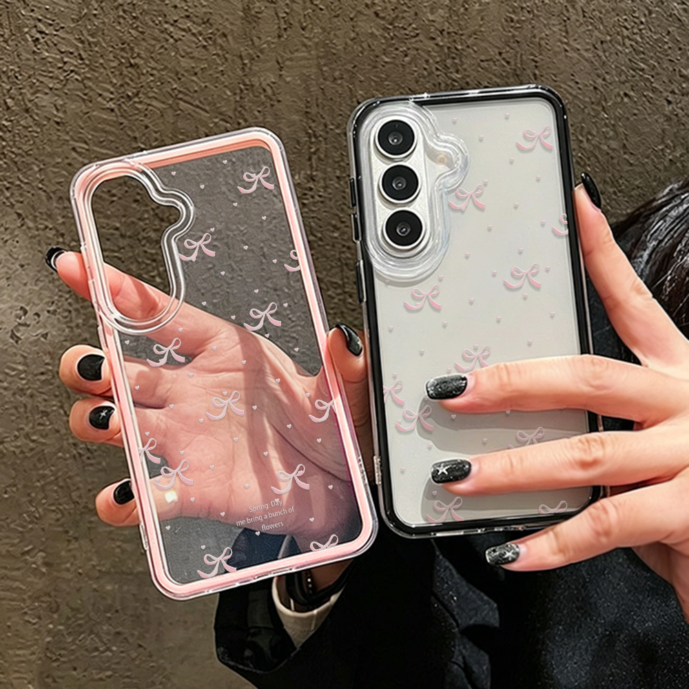 Phone Cases That Cover The Camera - เคสโทรศัพท์น่ารักสีชมพูประดับโบว์นุ่ม สำหรับ Samsung A57 A17 A07