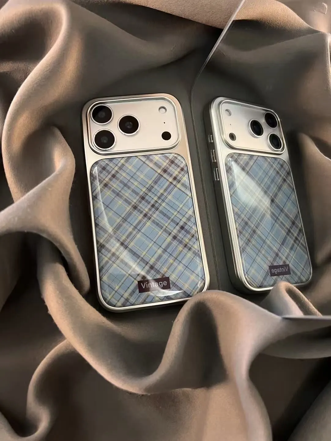 Phone Cases Japanese - เคสโทรศัพท์ลายตารางสีน้ำเงินน้ำตาลสไตล์เรโทรญี่ปุ่นและเกาหลี สำหรับ iPhone 17 16 15