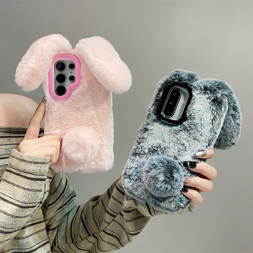 Phone Cases That Cover The Camera - เคสโทรศัพท์แบบตั้งได้ ขนปุย ลายหูกระต่ายน่ารัก สำหรับ Samsung Galaxy